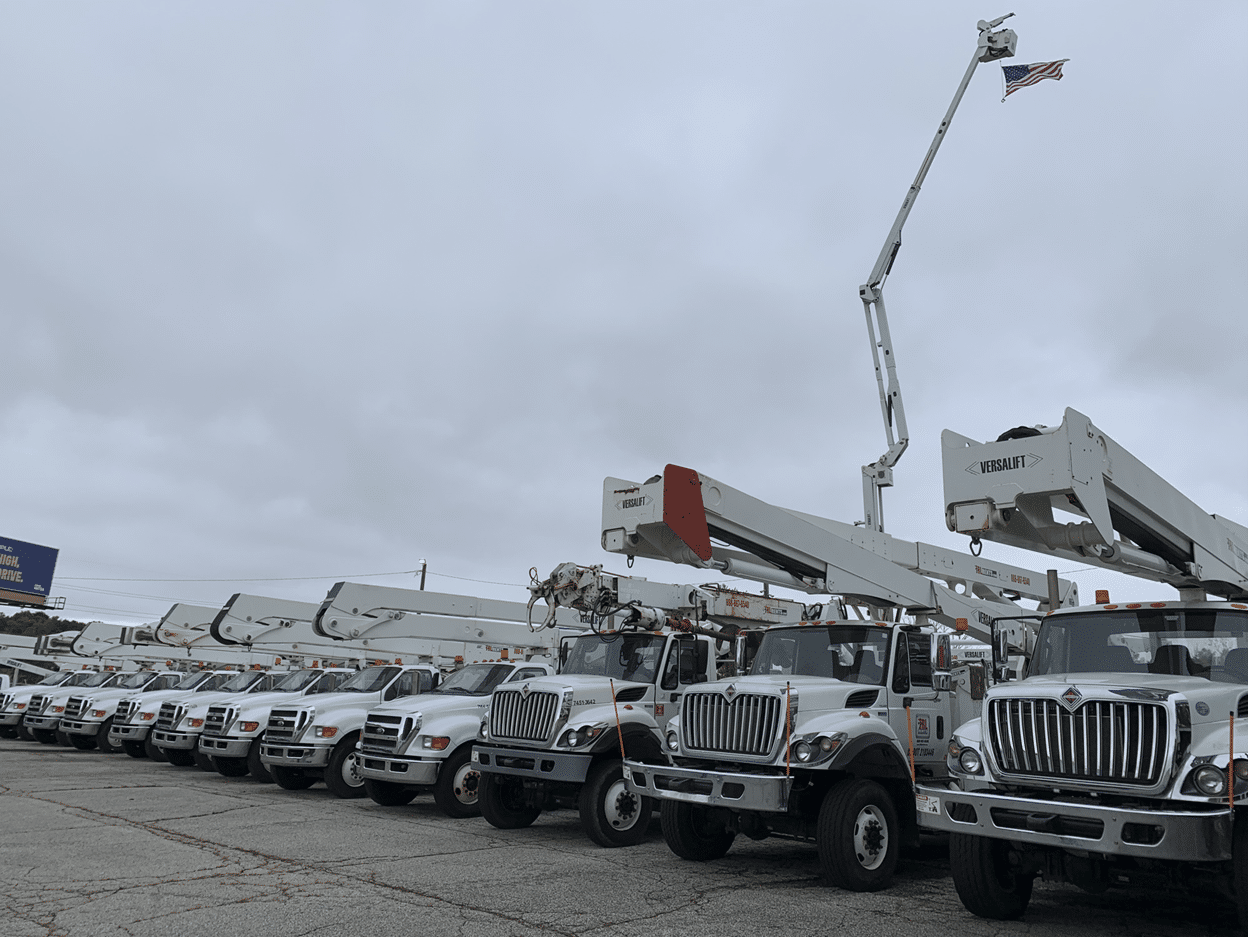 Versalift bucket trucks staged for delivery to the Carolinas